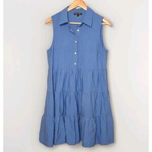 Boho Chic Collared Button Back Blue Tiered Sleeveless Dress Women’s L Vacation